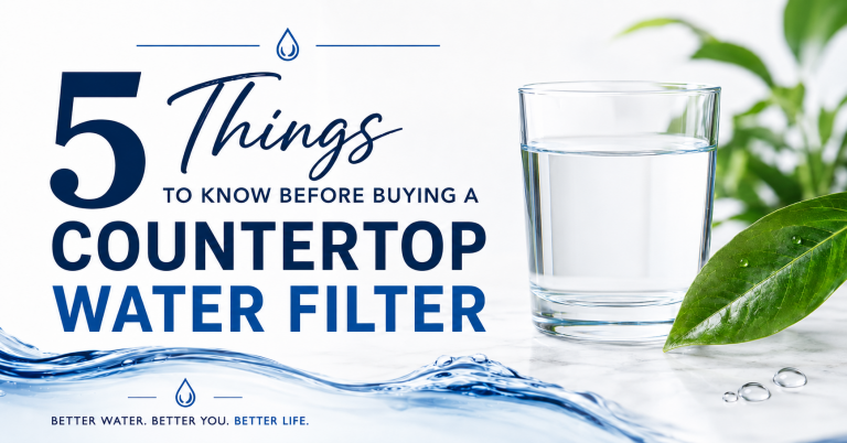 The picture is of a glass of water next to a plant ant the words % Things to know before buying countertop water filter