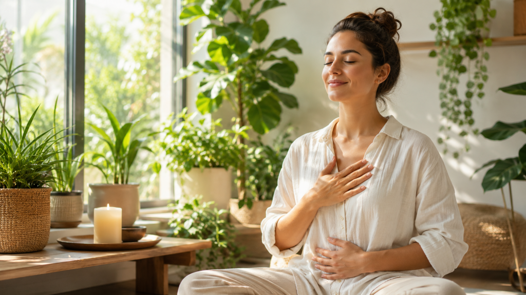 Peaceful woman sitting near a window with plants, tea, and a journal as part of a calming wellness routine.