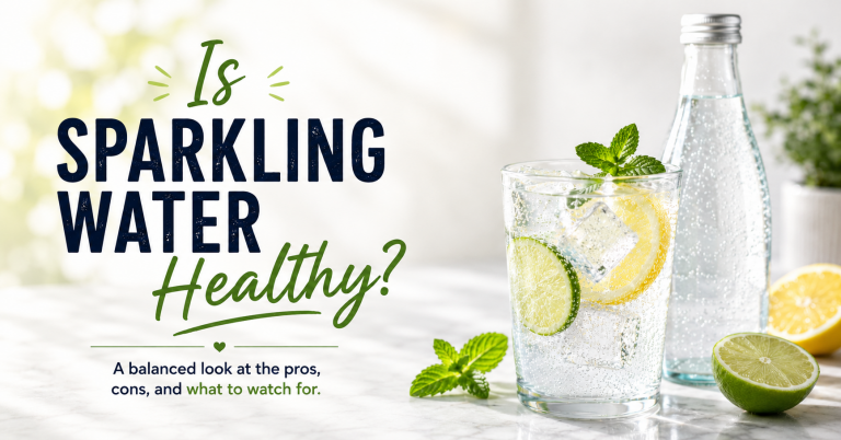 A bottle and glass of Sparkling water.