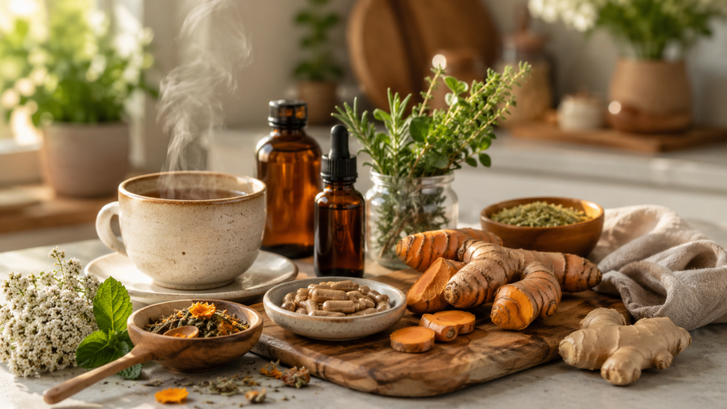 Turmeric root, herbal capsules, and natural wellness ingredients arranged on a kitchen counter.