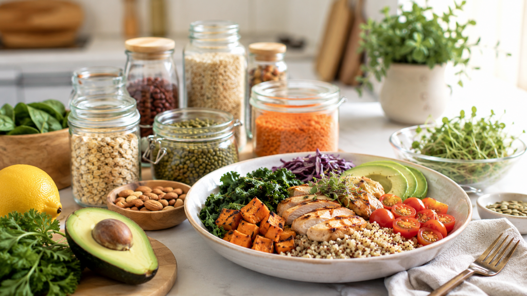 Organic fruits, vegetables, herbs, and pantry staples for supporting a clean eating lifestyle.