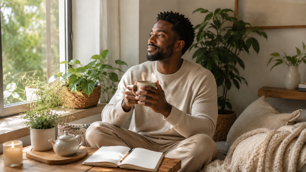 Man journaling near a sunny window as part of a calming mind-body wellness routine.