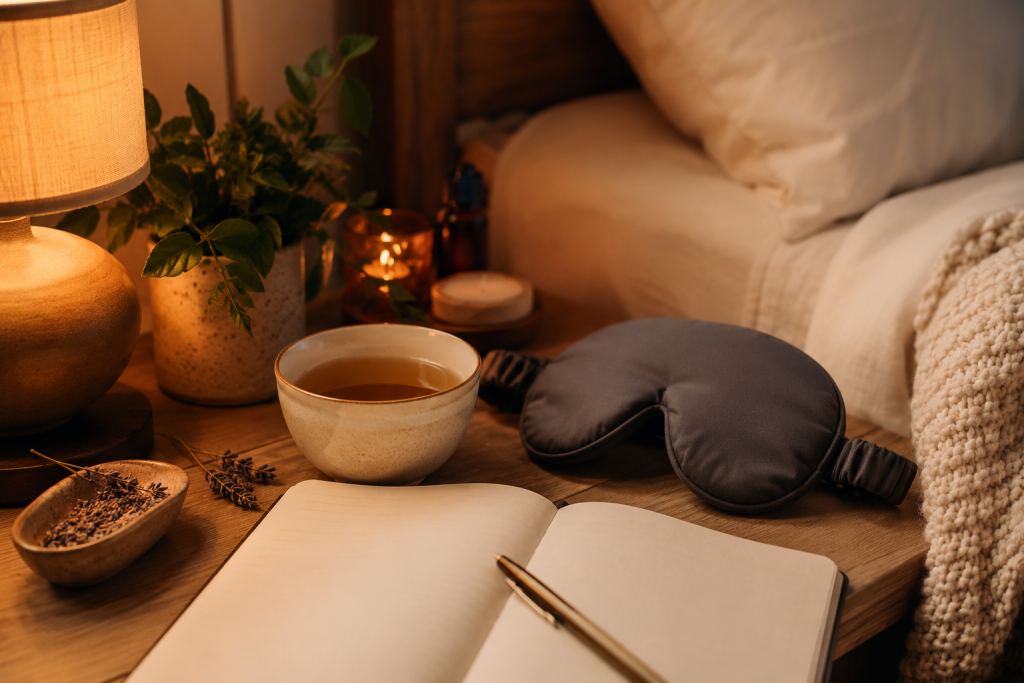 Cozy bedtime routine with sleep mask, herbal tea, journal, and soft warm lighting.