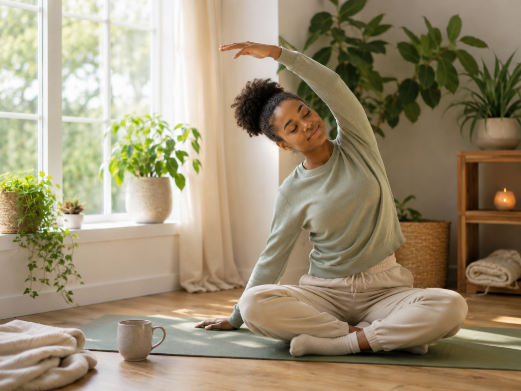 Gentle stretching and movement in a peaceful wellness space with natural light.