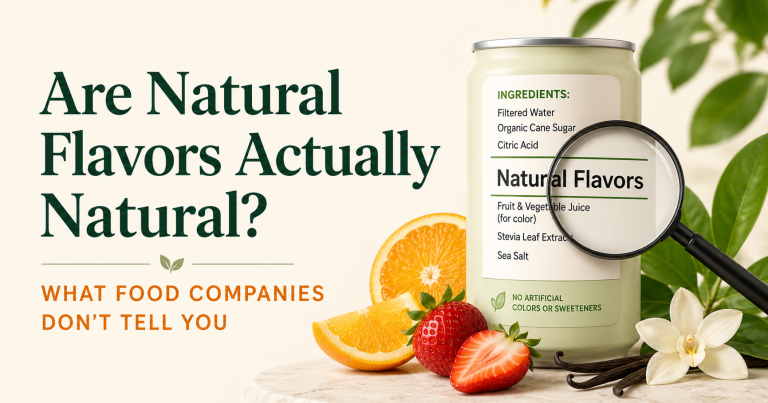 Natural flavors ingredient label on a food product with a magnifying glass highlighting the words natural flavors.