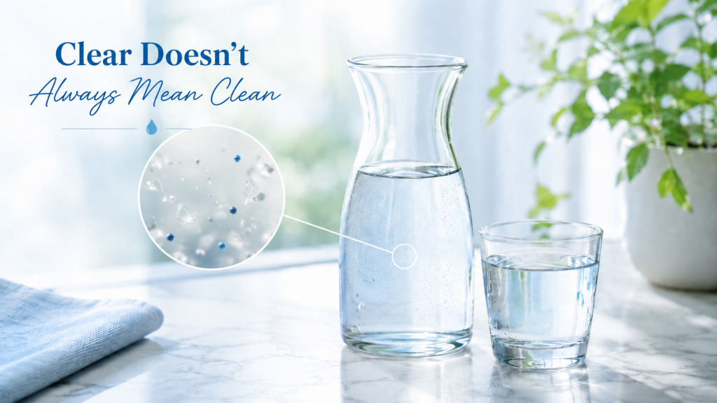 A clean, bright wellness-style infographic showing a glass carafe of water and a drinking glass on a marble counter. A magnified circle reveals tiny particles and impurities suspended in otherwise clear water. Soft natural lighting and green plants create a fresh kitchen setting. Text overlay reads: “Clear Doesn’t Always Mean Clean.” The image illustrates how water can appear clean while still containing hidden contaminants.