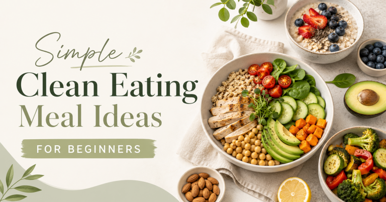 Simple Clean Eating Meal Ideas A clean eating blog image featuring a colorful meal bowl with grilled chicken, avocado, quinoa, chickpeas, spinach, cucumber, tomatoes, sweet potatoes, fresh fruit, oatmeal, vegetables, almonds, and lemon.