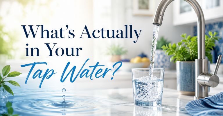 Tap water quality graphic showing a kitchen faucet filling a glass with text: “What’s Actually in Your Tap Water?”
