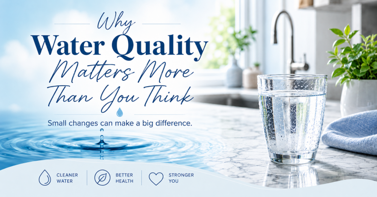 Glass of clean drinking water in a bright kitchen for an article about why water quality matters.