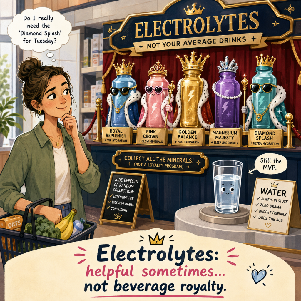 Humorous illustration of electrolyte drinks dressed like royalty while plain water stands out as the practical everyday hydration choice.