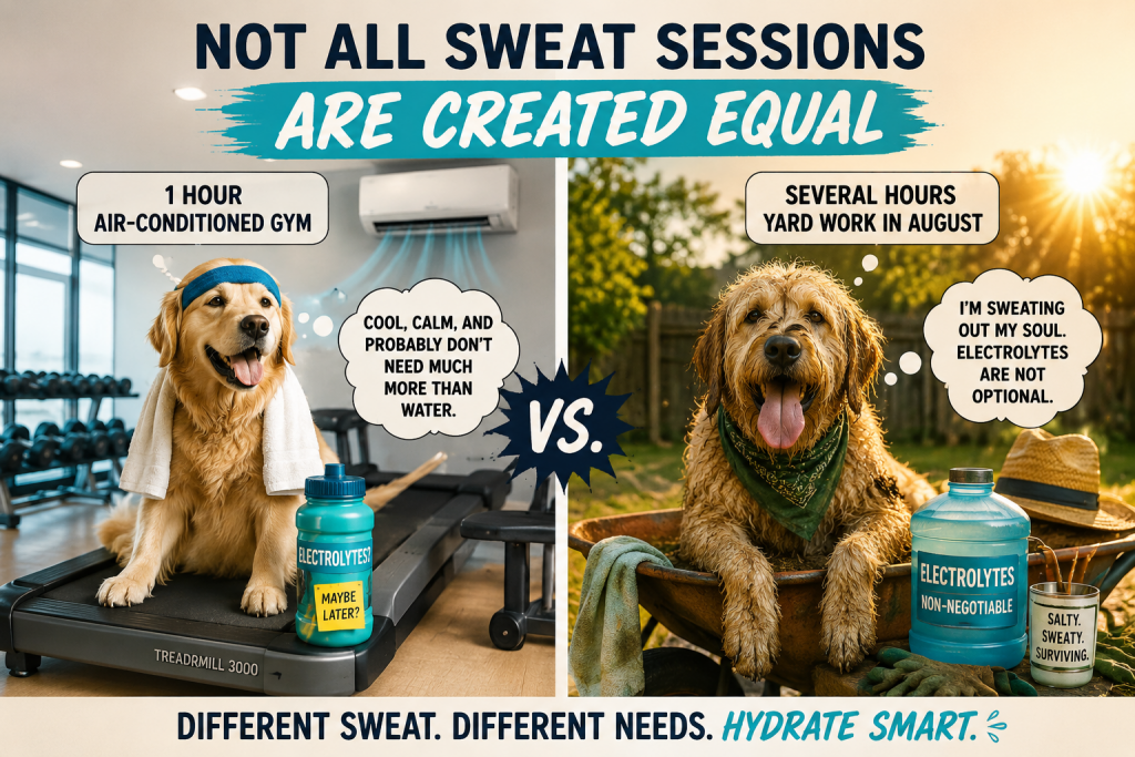 Funny split-screen comparison of a dog exercising in an air-conditioned gym and a sweaty dog doing yard work in August heat, showing how hydration and electrolyte needs can differ.