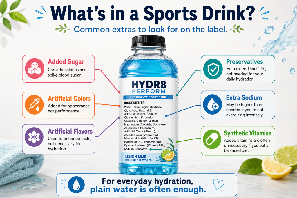 “Infographic of a sports drink label highlighting added sugar, artificial colors, artificial flavors, preservatives, extra sodium, and synthetic vitamins.”