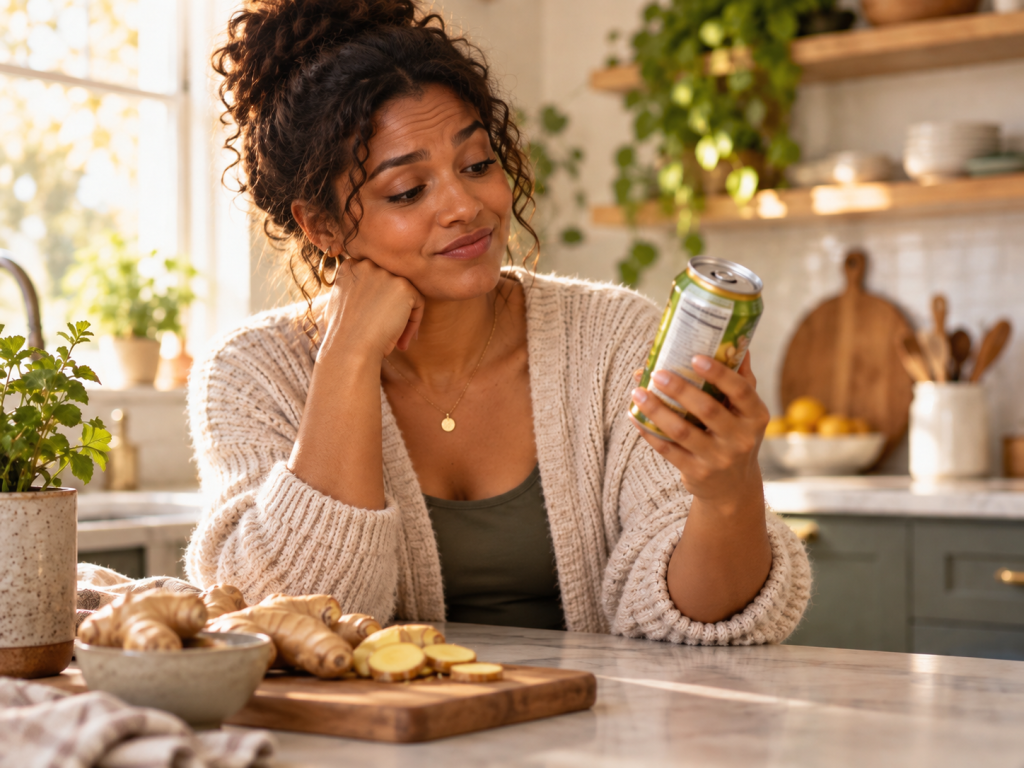 Woman looking closely at a can of ginger ale as if wondering, “Where’s the ginger?”